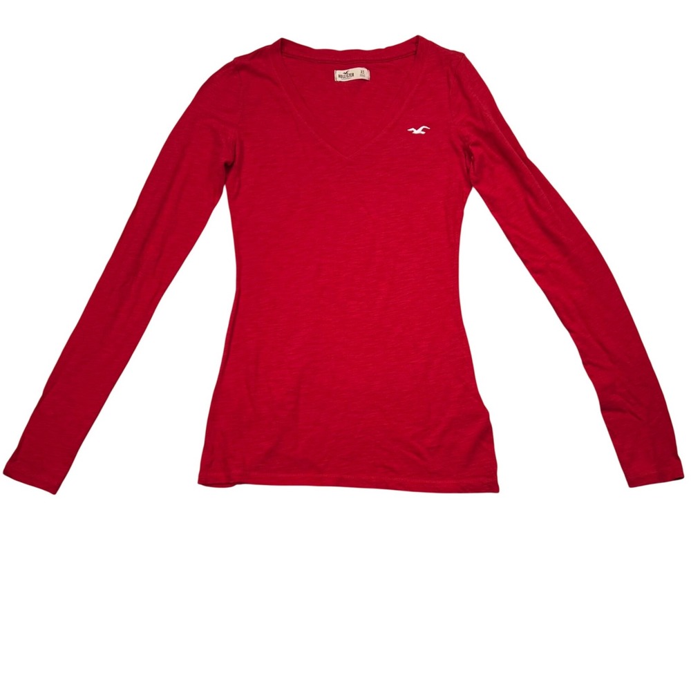 Hollister V-Neck Long Sleeve Tee Womens XS Red Embroidered Logo Slub Knit Top